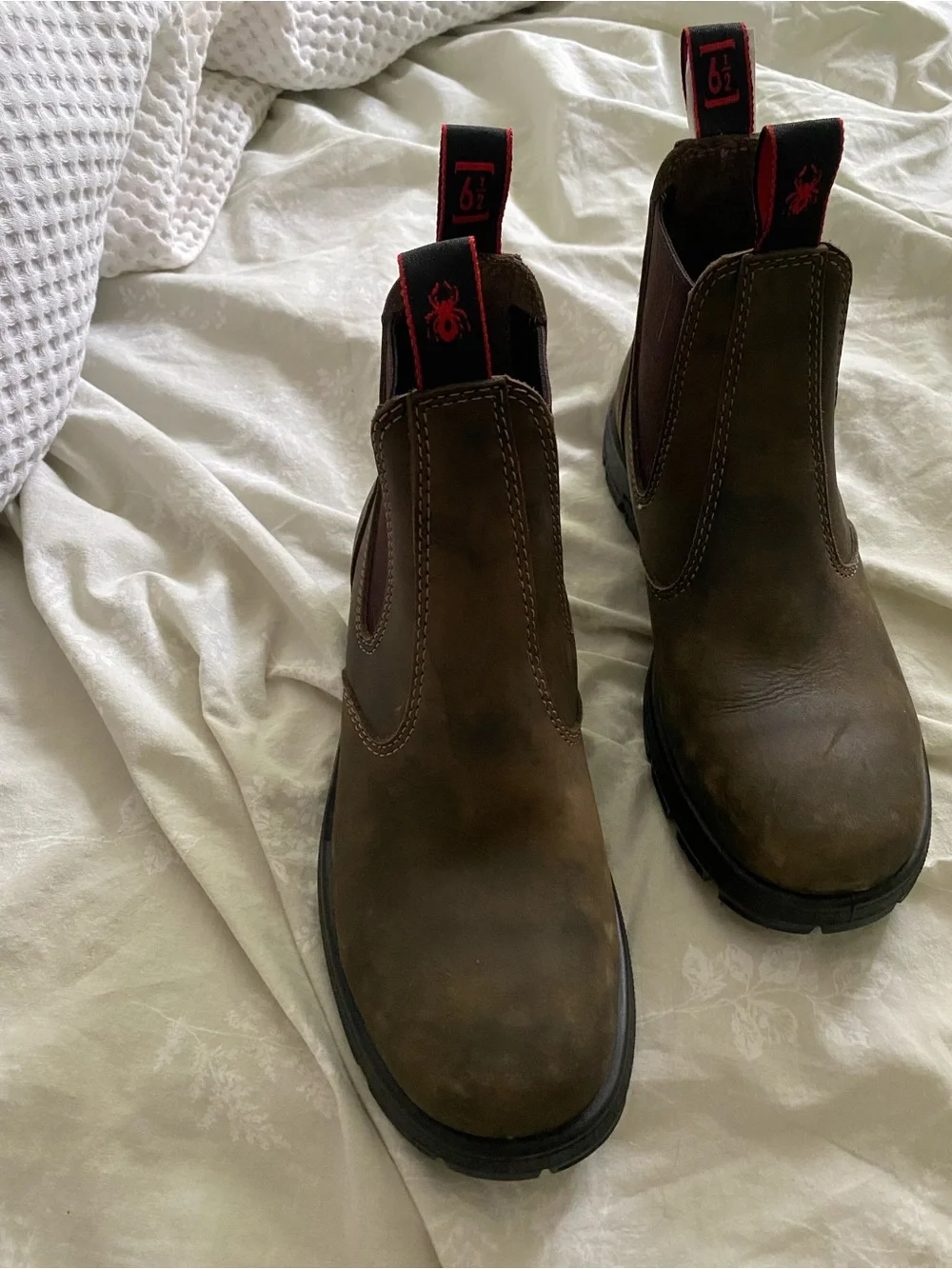 Men's Brown Slip-On Chelsea Work Boots with Red Pull Tabs